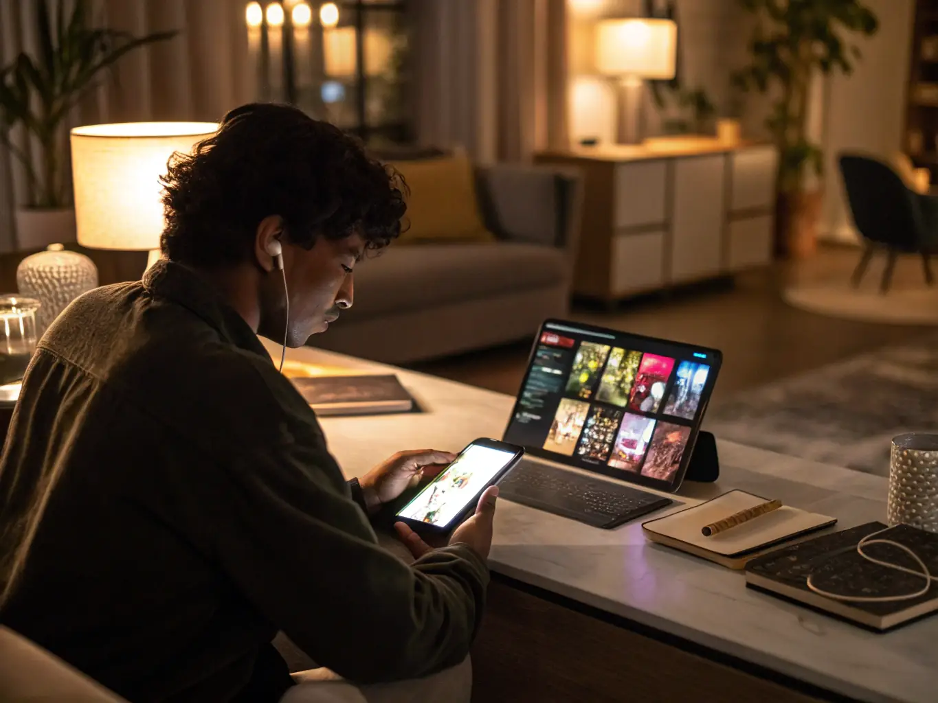 A music supervisor reviewing tracks on a tablet, with a focus on streamlined workflow and efficient music selection.