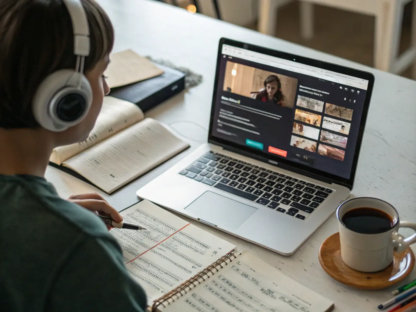 A record label executive listening to a demo, emphasizing the discovery of new and unique musical talent.