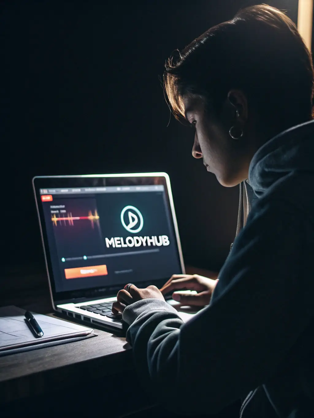 A graphic illustration of an artist uploading their music to the īkanek platform, emphasizing secure file transfer and data protection.