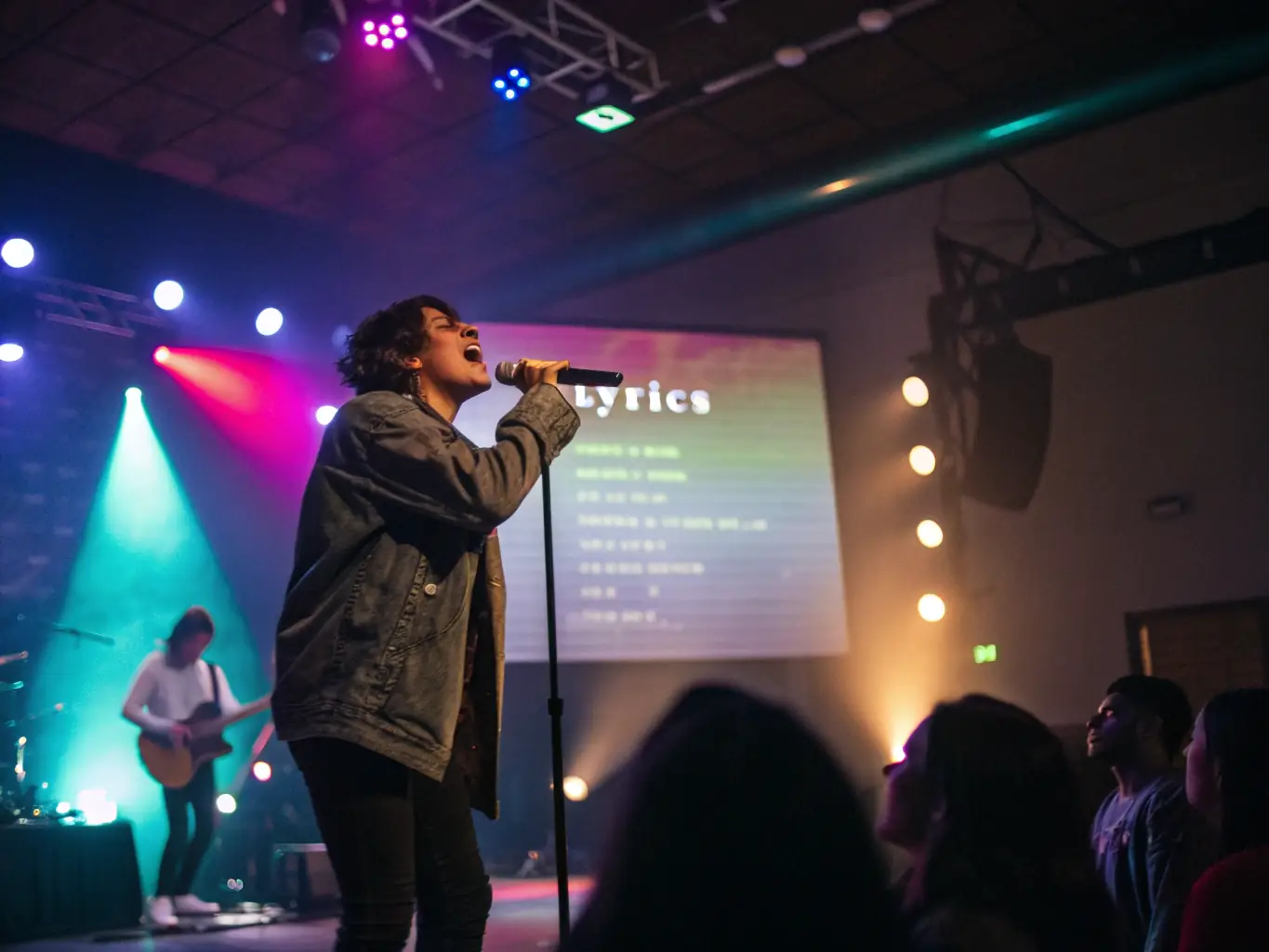 A vibrant image of an independent artist performing on stage, bathed in colorful stage lights, symbolizing the increased visibility and opportunities gained through īkanek.