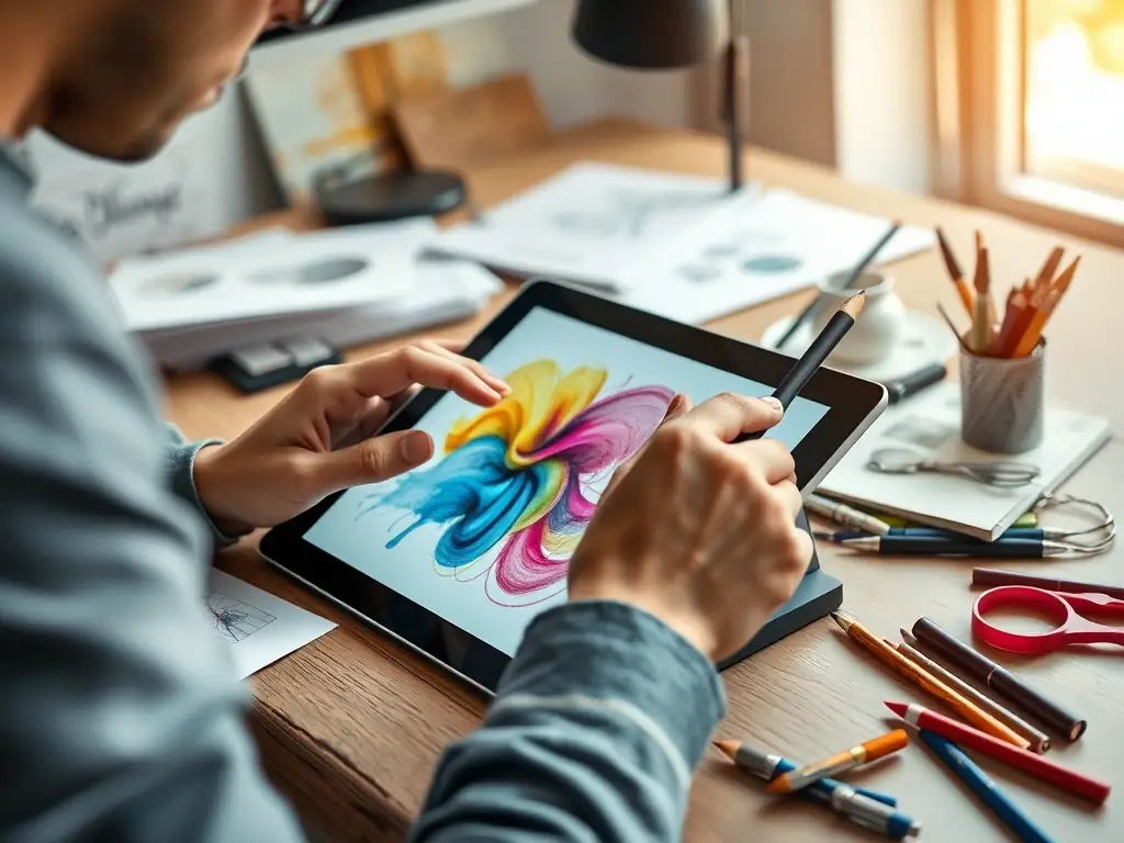 A focused image of an artist reviewing a licensing agreement on a tablet, highlighting the ease and simplicity of the licensing process on īkanek.