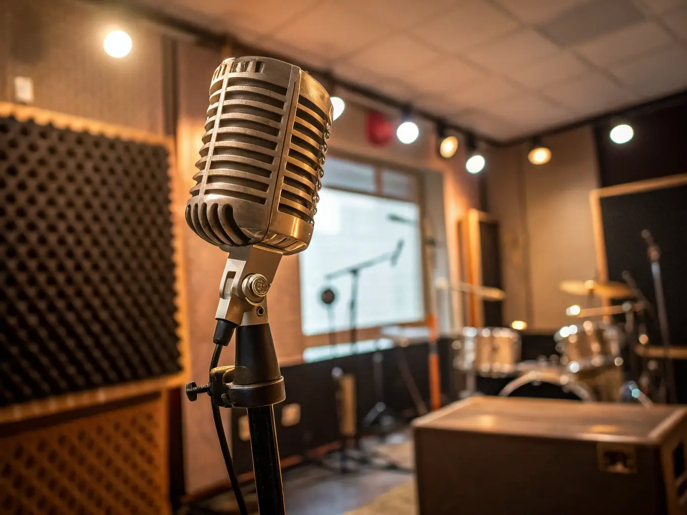 A close-up shot of a microphone in a professional recording studio, symbolizing music submission and production, with a soft, blurred background.