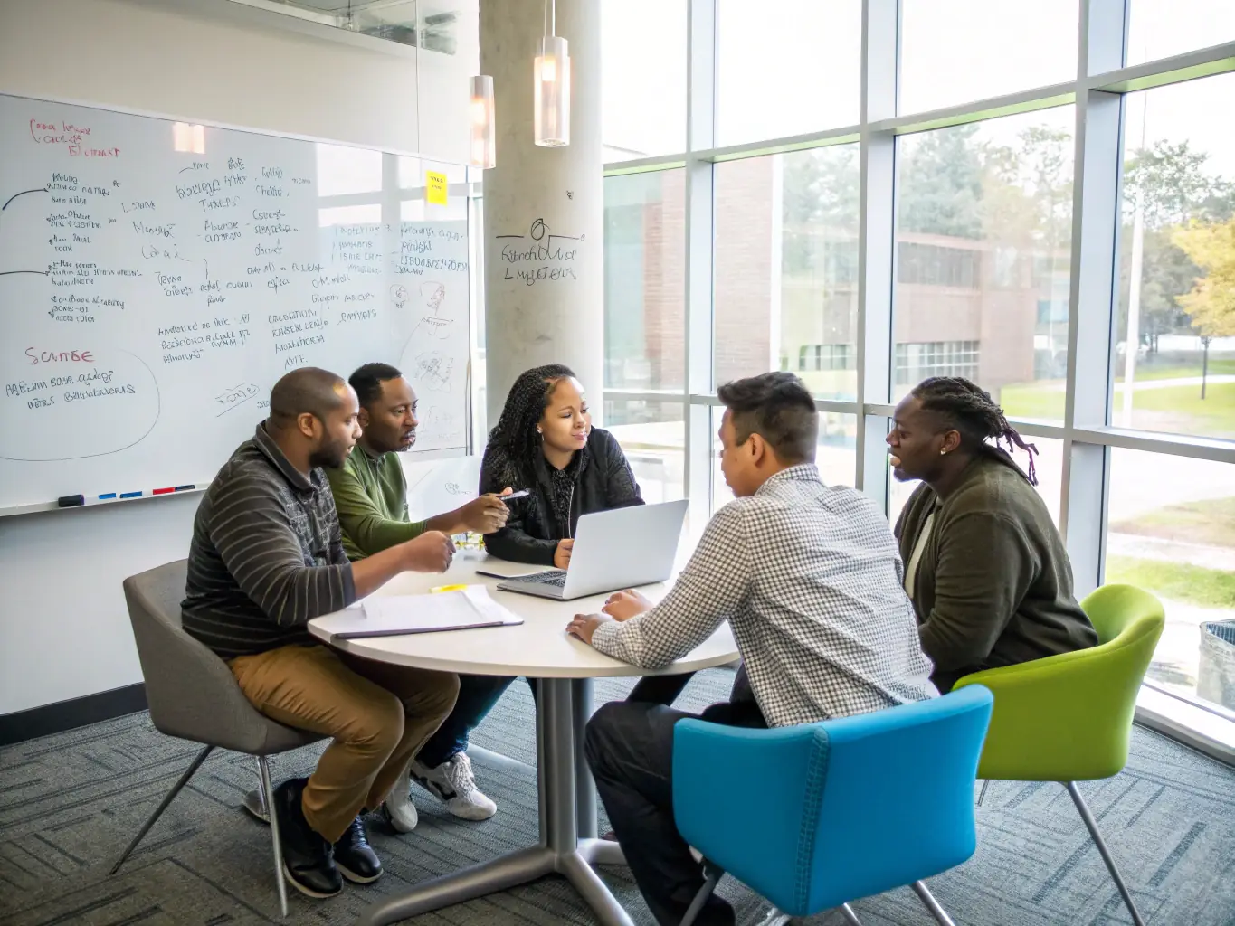 A diverse group of musicians and industry professionals collaborating in a modern office space, representing the talent discovery network and the connections made through īkanek.