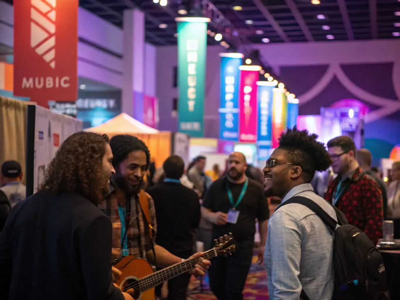 A collaborative image of artists and industry professionals connecting and networking at a music event, emphasizing the community aspect of īkanek.